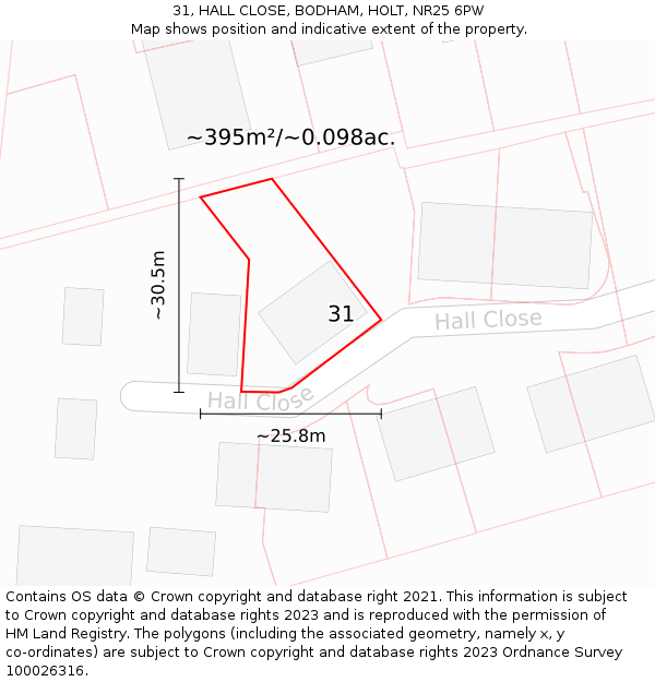 31, HALL CLOSE, BODHAM, HOLT, NR25 6PW: Plot and title map