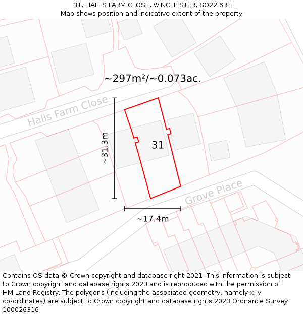 31, HALLS FARM CLOSE, WINCHESTER, SO22 6RE: Plot and title map