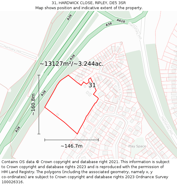 31, HARDWICK CLOSE, RIPLEY, DE5 3SR: Plot and title map