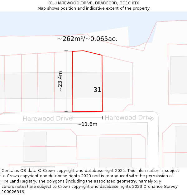 31, HAREWOOD DRIVE, BRADFORD, BD10 0TX: Plot and title map