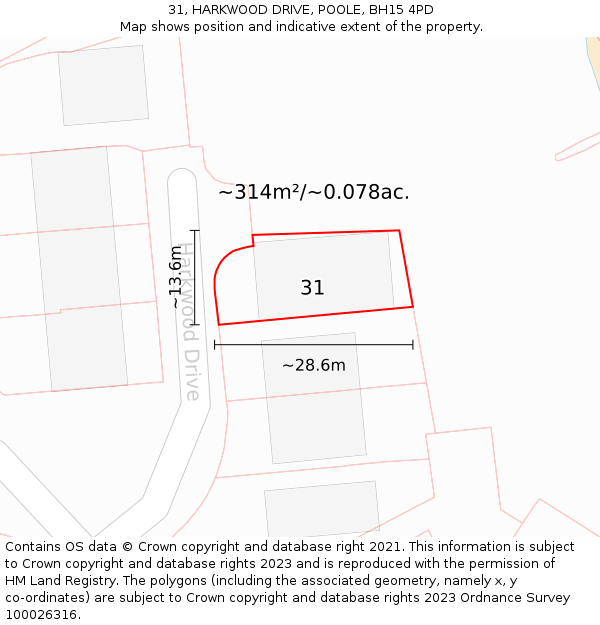 31, HARKWOOD DRIVE, POOLE, BH15 4PD: Plot and title map