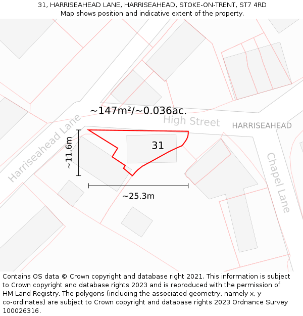 31, HARRISEAHEAD LANE, HARRISEAHEAD, STOKE-ON-TRENT, ST7 4RD: Plot and title map