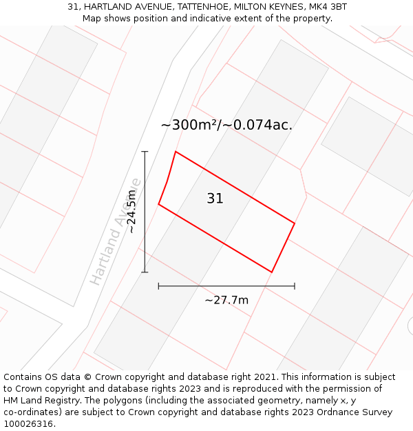 31, HARTLAND AVENUE, TATTENHOE, MILTON KEYNES, MK4 3BT: Plot and title map