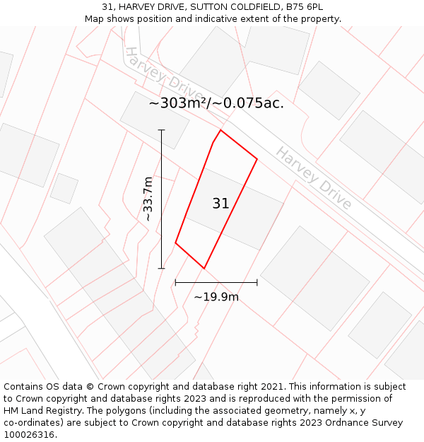 31, HARVEY DRIVE, SUTTON COLDFIELD, B75 6PL: Plot and title map
