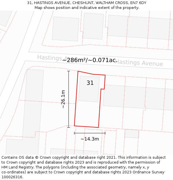 31, HASTINGS AVENUE, CHESHUNT, WALTHAM CROSS, EN7 6DY: Plot and title map