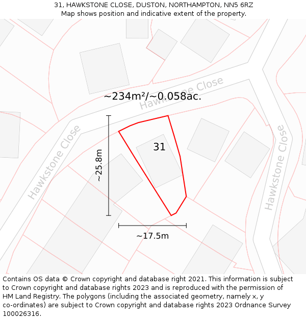 31, HAWKSTONE CLOSE, DUSTON, NORTHAMPTON, NN5 6RZ: Plot and title map