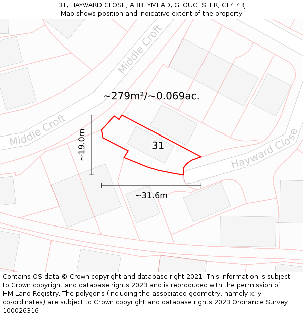 31, HAYWARD CLOSE, ABBEYMEAD, GLOUCESTER, GL4 4RJ: Plot and title map