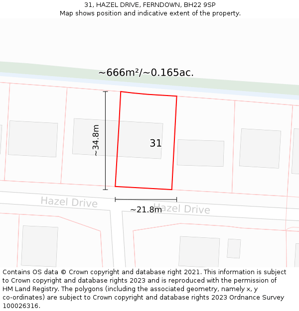 31, HAZEL DRIVE, FERNDOWN, BH22 9SP: Plot and title map