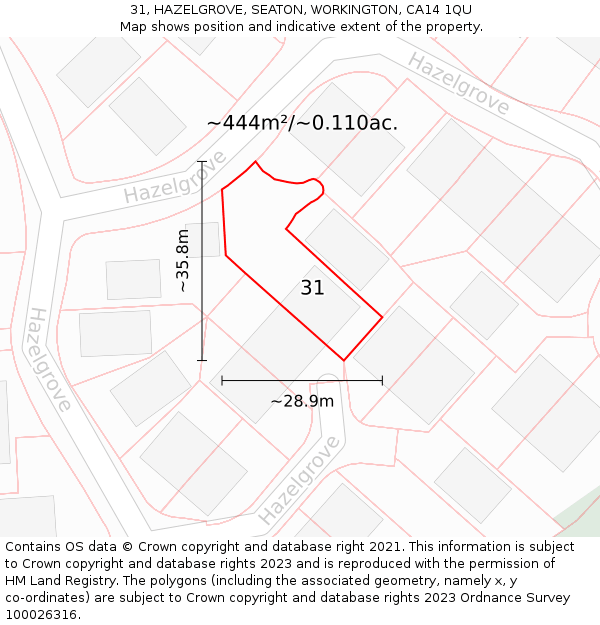 31, HAZELGROVE, SEATON, WORKINGTON, CA14 1QU: Plot and title map