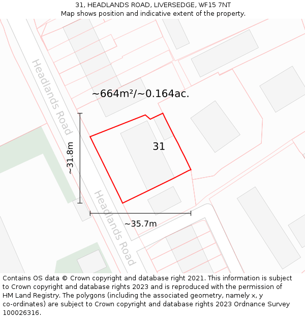 31, HEADLANDS ROAD, LIVERSEDGE, WF15 7NT: Plot and title map