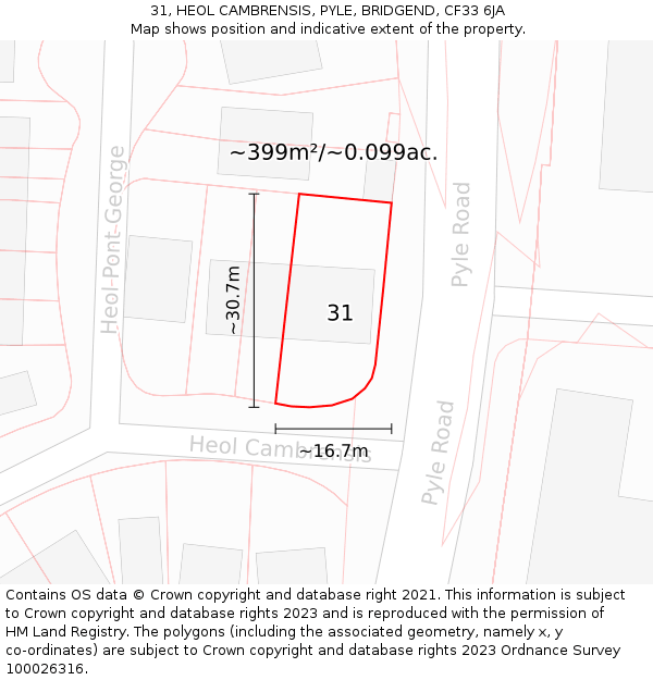 31, HEOL CAMBRENSIS, PYLE, BRIDGEND, CF33 6JA: Plot and title map