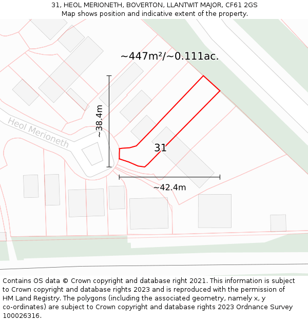 31, HEOL MERIONETH, BOVERTON, LLANTWIT MAJOR, CF61 2GS: Plot and title map