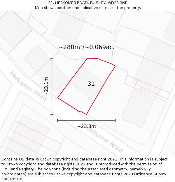 31, HERKOMER ROAD, BUSHEY, WD23 3NP: Plot and title map