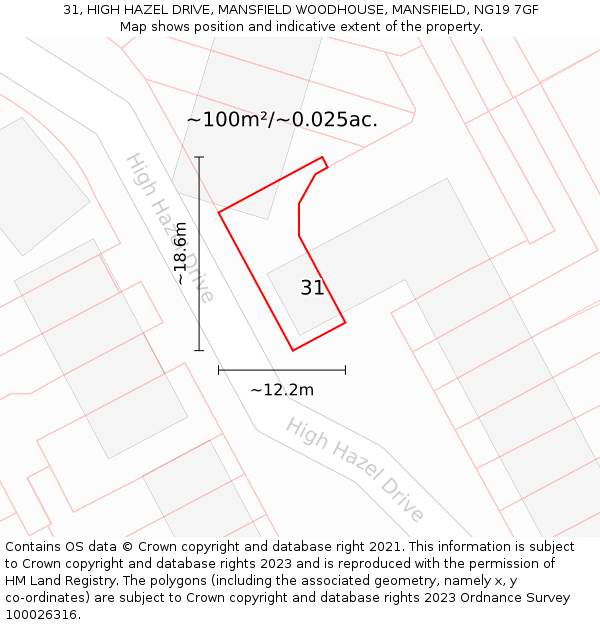 31, HIGH HAZEL DRIVE, MANSFIELD WOODHOUSE, MANSFIELD, NG19 7GF: Plot and title map