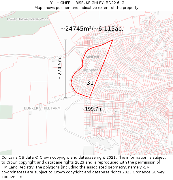 31, HIGHFELL RISE, KEIGHLEY, BD22 6LG: Plot and title map
