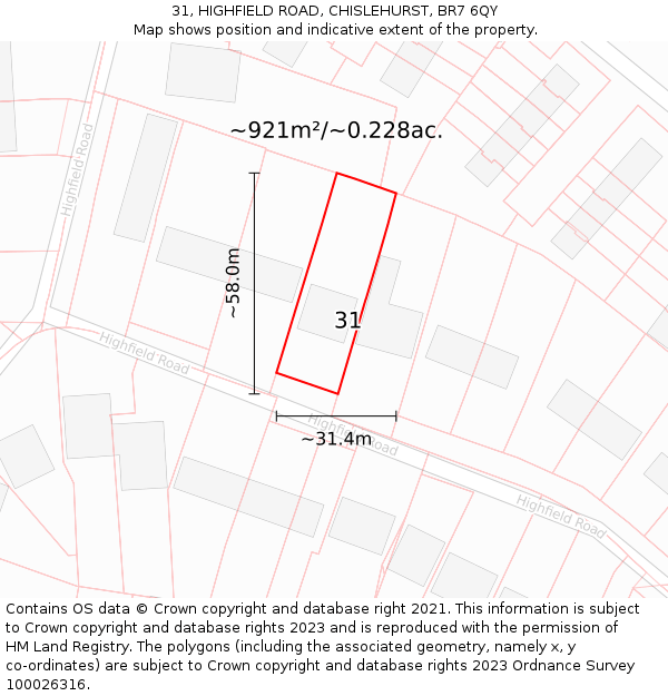 31, HIGHFIELD ROAD, CHISLEHURST, BR7 6QY: Plot and title map