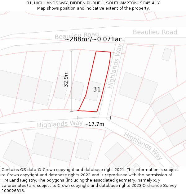 31, HIGHLANDS WAY, DIBDEN PURLIEU, SOUTHAMPTON, SO45 4HY: Plot and title map