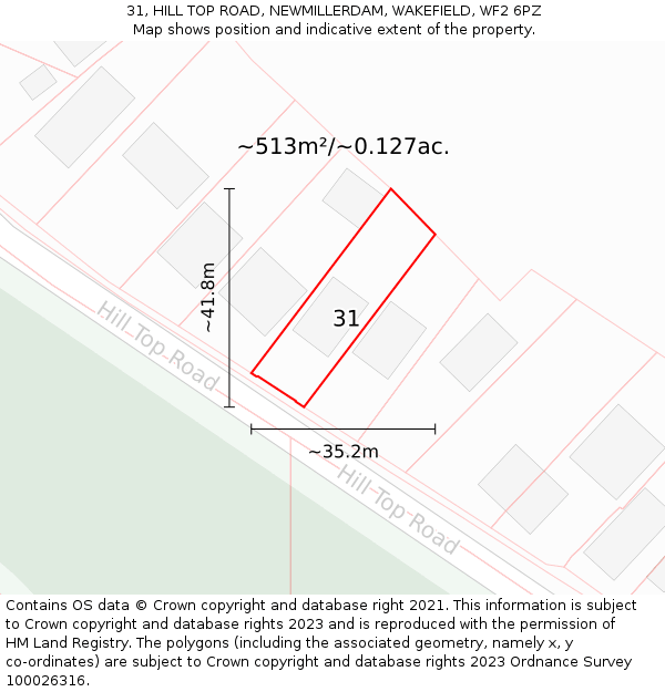 31, HILL TOP ROAD, NEWMILLERDAM, WAKEFIELD, WF2 6PZ: Plot and title map