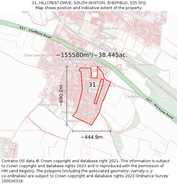 31, HILLCREST DRIVE, SOUTH ANSTON, SHEFFIELD, S25 5FQ: Plot and title map