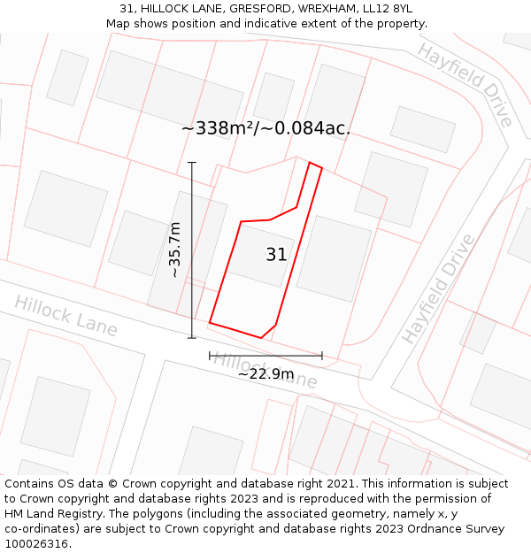 31, HILLOCK LANE, GRESFORD, WREXHAM, LL12 8YL: Plot and title map