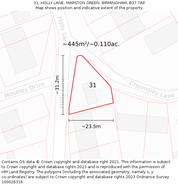 31, HOLLY LANE, MARSTON GREEN, BIRMINGHAM, B37 7AP: Plot and title map