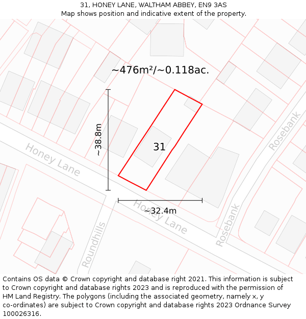 31, HONEY LANE, WALTHAM ABBEY, EN9 3AS: Plot and title map