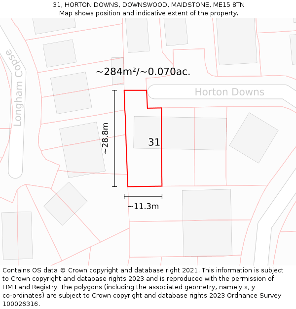 31, HORTON DOWNS, DOWNSWOOD, MAIDSTONE, ME15 8TN: Plot and title map