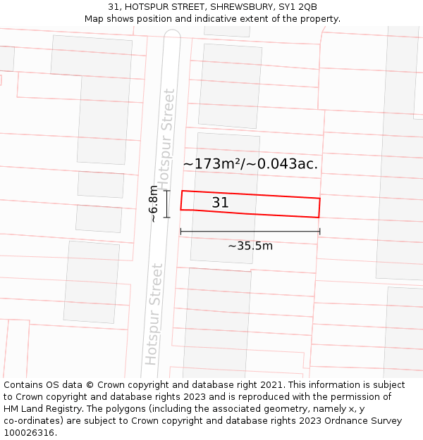 31, HOTSPUR STREET, SHREWSBURY, SY1 2QB: Plot and title map