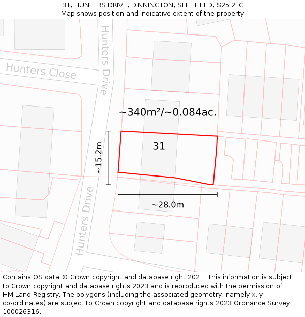 31, HUNTERS DRIVE, DINNINGTON, SHEFFIELD, S25 2TG: Plot and title map