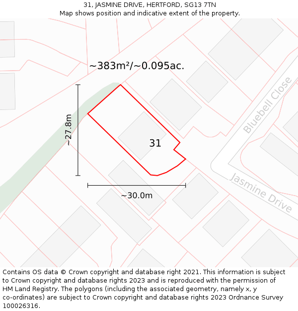 31, JASMINE DRIVE, HERTFORD, SG13 7TN: Plot and title map