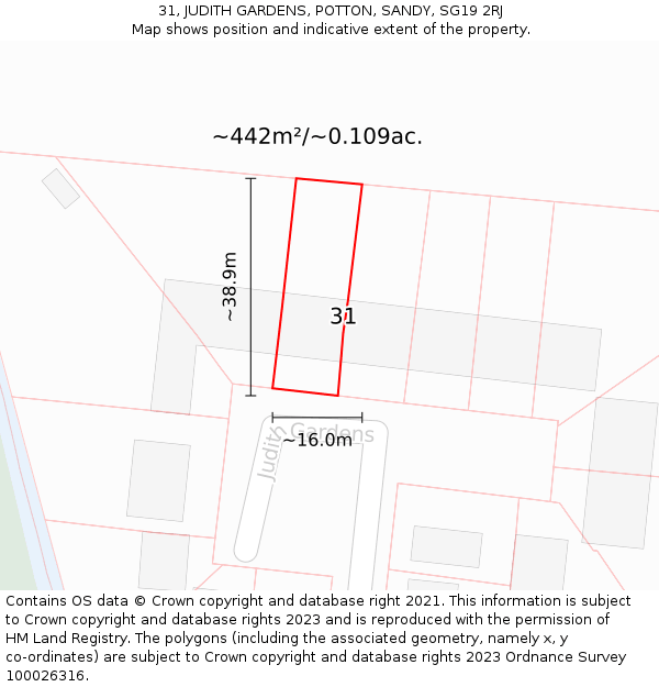 31, JUDITH GARDENS, POTTON, SANDY, SG19 2RJ: Plot and title map