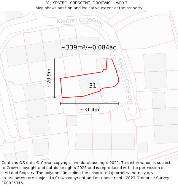 31, KESTREL CRESCENT, DROITWICH, WR9 7HH: Plot and title map