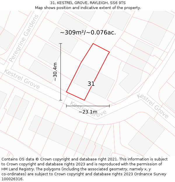 31, KESTREL GROVE, RAYLEIGH, SS6 9TS: Plot and title map