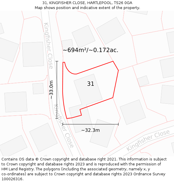 31, KINGFISHER CLOSE, HARTLEPOOL, TS26 0GA: Plot and title map