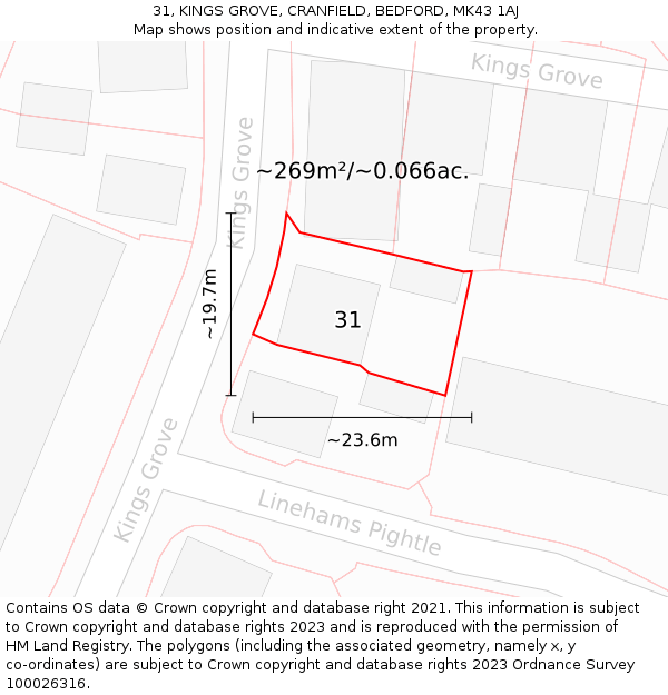 31, KINGS GROVE, CRANFIELD, BEDFORD, MK43 1AJ: Plot and title map