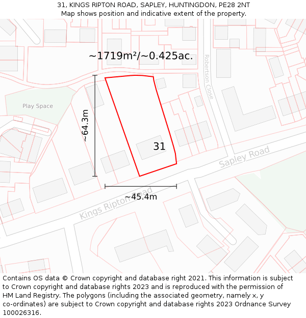 31, KINGS RIPTON ROAD, SAPLEY, HUNTINGDON, PE28 2NT: Plot and title map