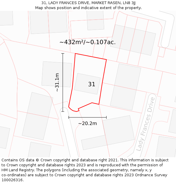 31, LADY FRANCES DRIVE, MARKET RASEN, LN8 3JJ: Plot and title map