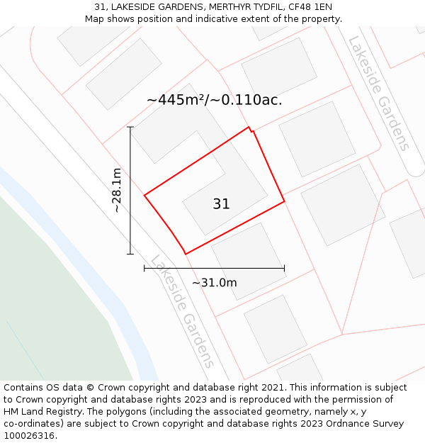 31, LAKESIDE GARDENS, MERTHYR TYDFIL, CF48 1EN: Plot and title map