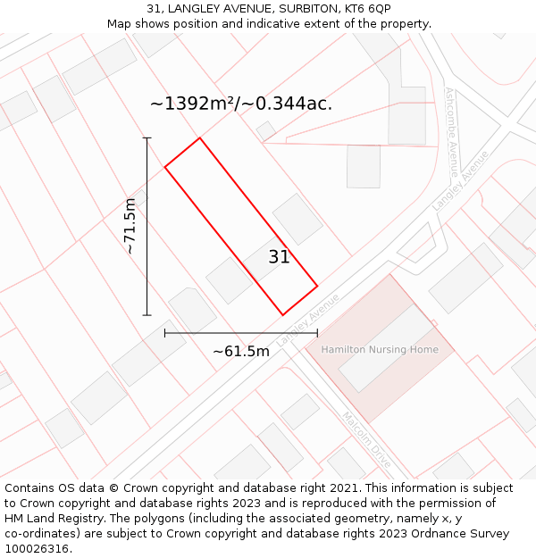 31, LANGLEY AVENUE, SURBITON, KT6 6QP: Plot and title map