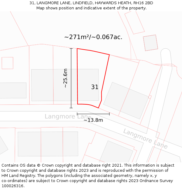 31, LANGMORE LANE, LINDFIELD, HAYWARDS HEATH, RH16 2BD: Plot and title map