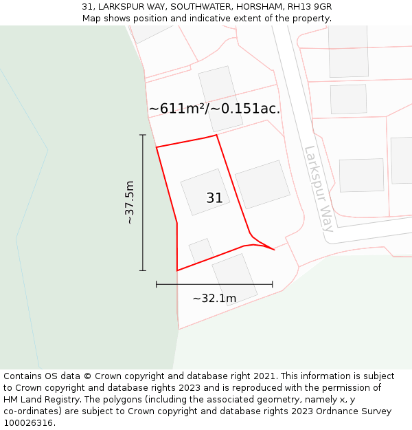 31, LARKSPUR WAY, SOUTHWATER, HORSHAM, RH13 9GR: Plot and title map