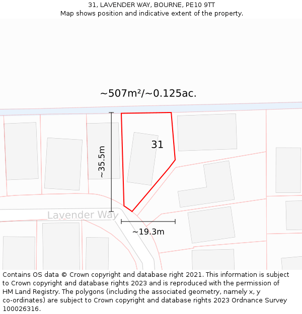 31, LAVENDER WAY, BOURNE, PE10 9TT: Plot and title map