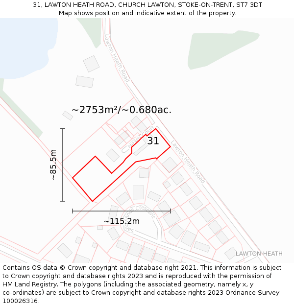 31, LAWTON HEATH ROAD, CHURCH LAWTON, STOKE-ON-TRENT, ST7 3DT: Plot and title map