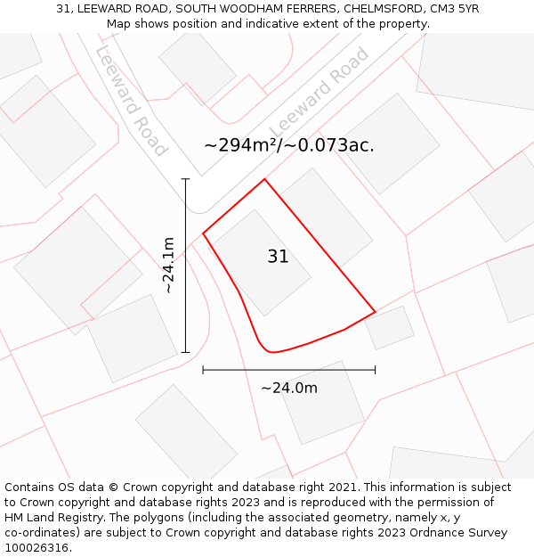 31, LEEWARD ROAD, SOUTH WOODHAM FERRERS, CHELMSFORD, CM3 5YR: Plot and title map