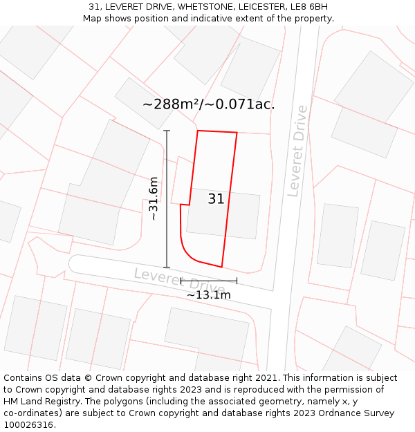 31, LEVERET DRIVE, WHETSTONE, LEICESTER, LE8 6BH: Plot and title map