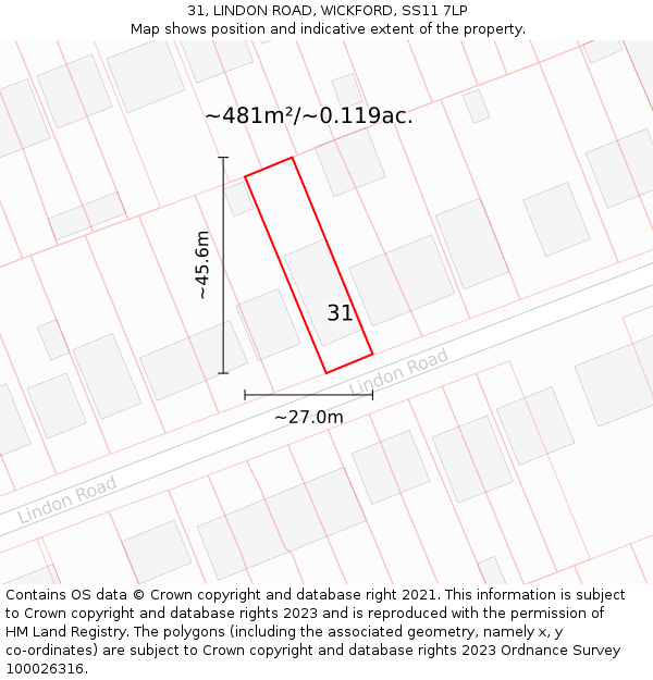 31, LINDON ROAD, WICKFORD, SS11 7LP: Plot and title map