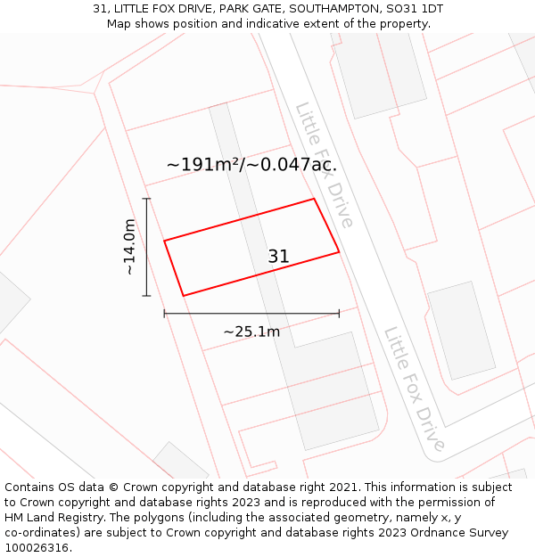 31, LITTLE FOX DRIVE, PARK GATE, SOUTHAMPTON, SO31 1DT: Plot and title map