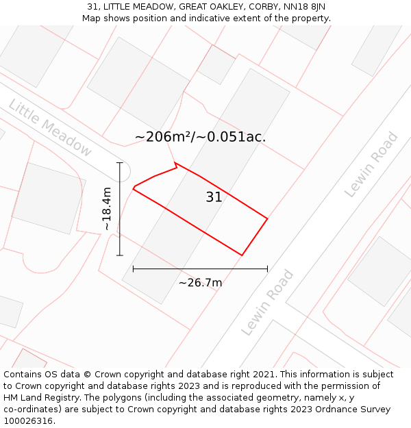 31, LITTLE MEADOW, GREAT OAKLEY, CORBY, NN18 8JN: Plot and title map
