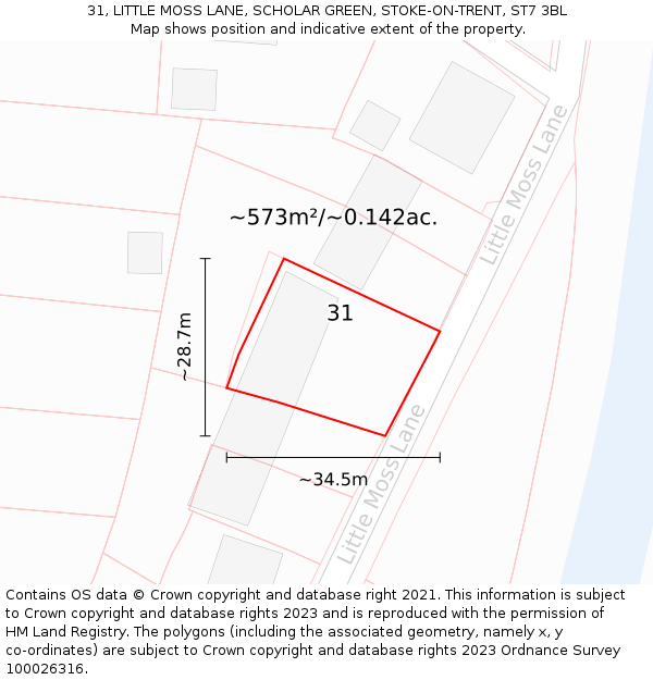 31, LITTLE MOSS LANE, SCHOLAR GREEN, STOKE-ON-TRENT, ST7 3BL: Plot and title map