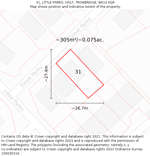 31, LITTLE PARKS, HOLT, TROWBRIDGE, BA14 6QR: Plot and title map